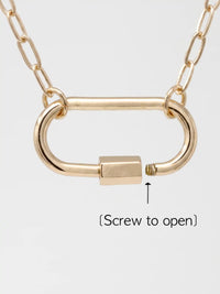 Gold-toned metal necklace with a chain and an open-link carabiner featuring a rectangular clasp and a small screw detail, shown on a light gray background with the text '(Screw to open)' and an arrow pointing to the screw.