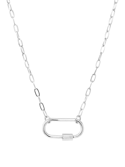A silver paperclip chain necklace with a polished oval carabiner pendant, shown against a solid white background.
