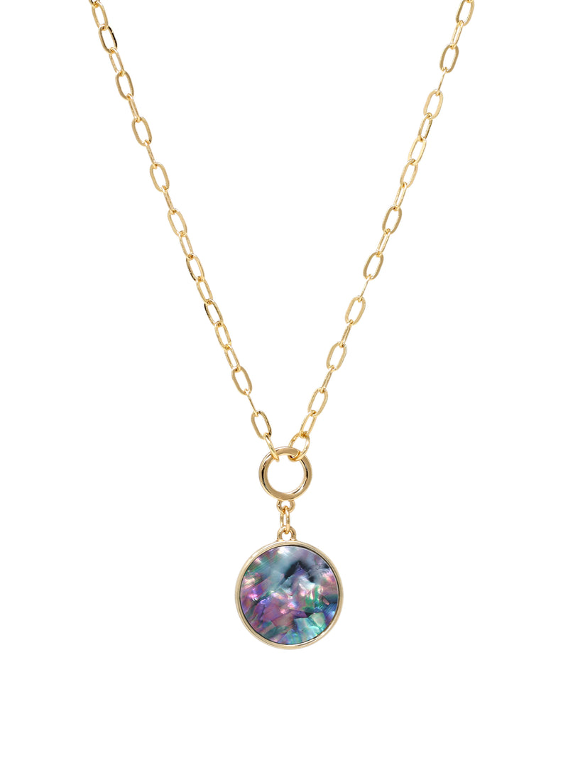 Necklace with a colorful pendant on a gold chain against a white background