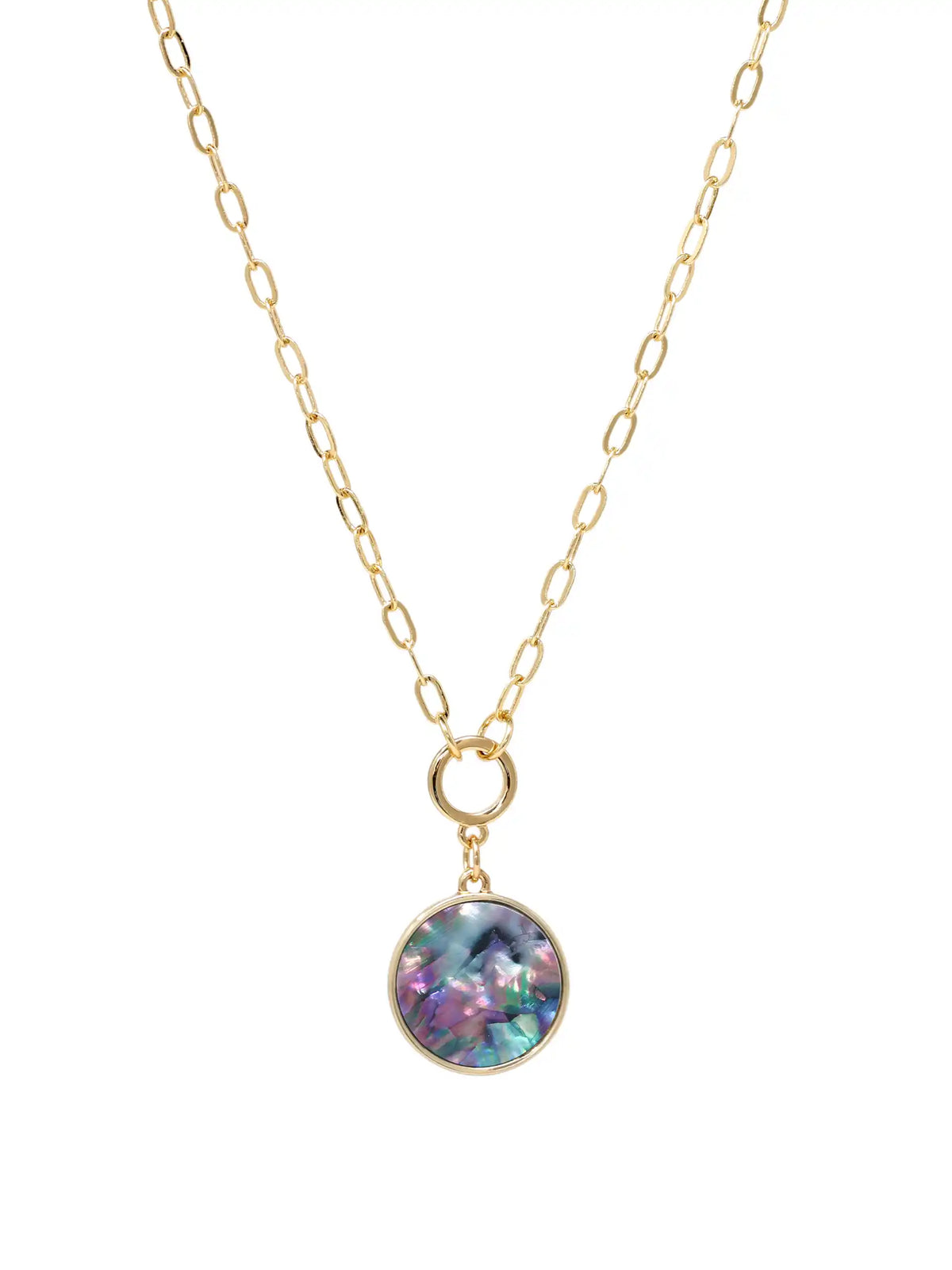 A close-up product image of the Modern Abalone Short Necklace, displaying a round, iridescent abalone shell pendant hanging from a gold-plated paperclip chain against a clean, light background.