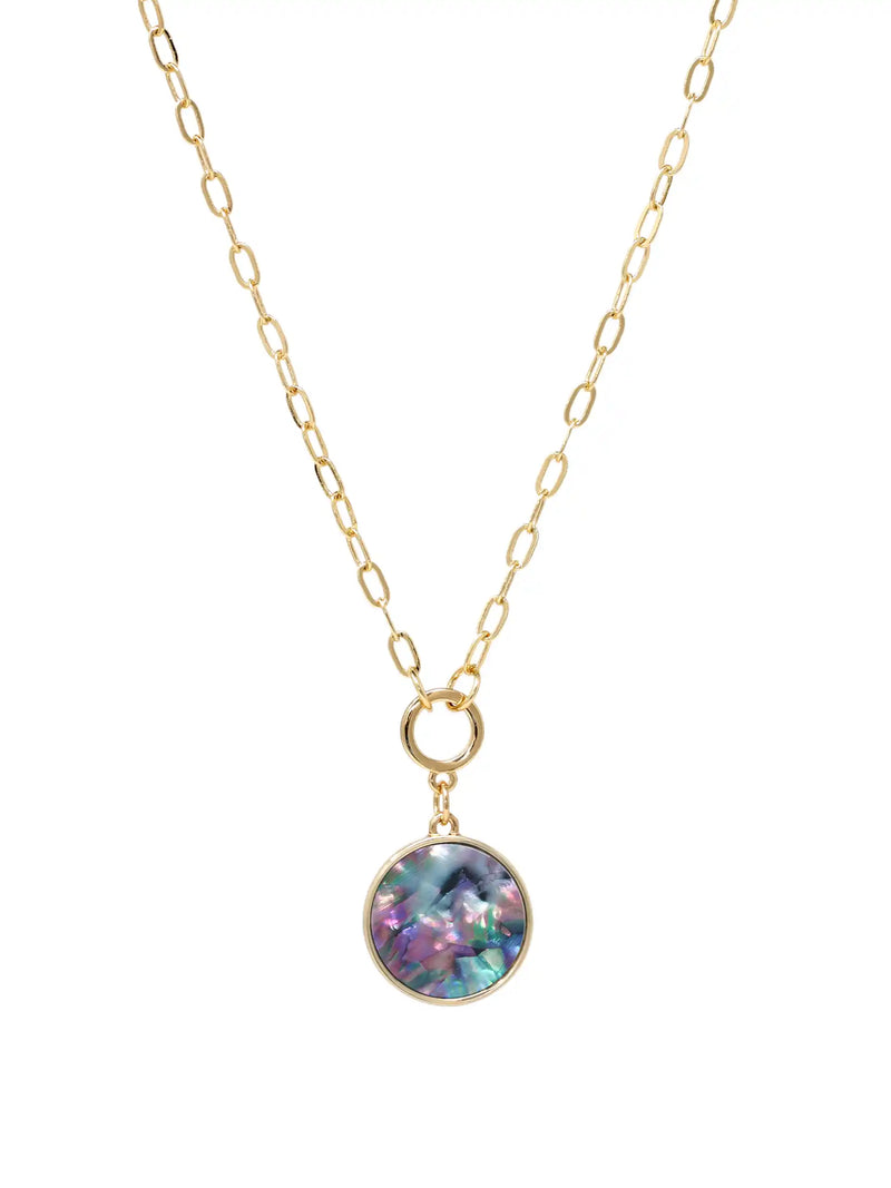 A close-up product image of the Modern Abalone Short Necklace, displaying a round, iridescent abalone shell pendant hanging from a gold-plated paperclip chain against a clean, light background.