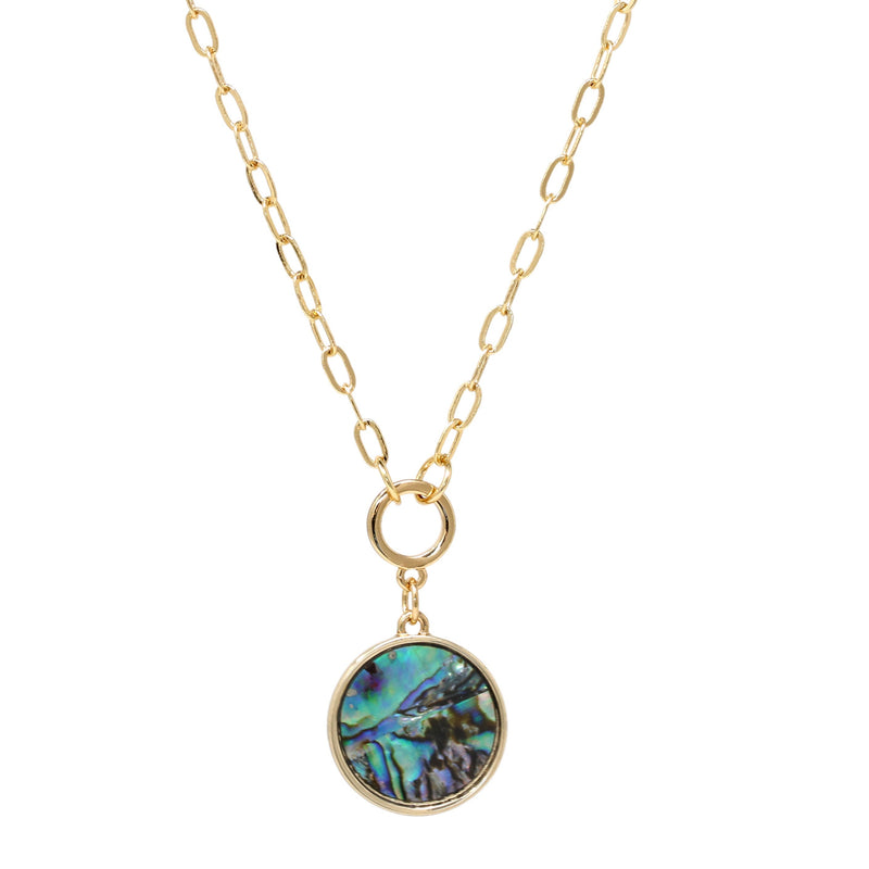 A short gold necklace featuring a natural abalone charm delicately dangled from a sleek and modern paperclip chain.