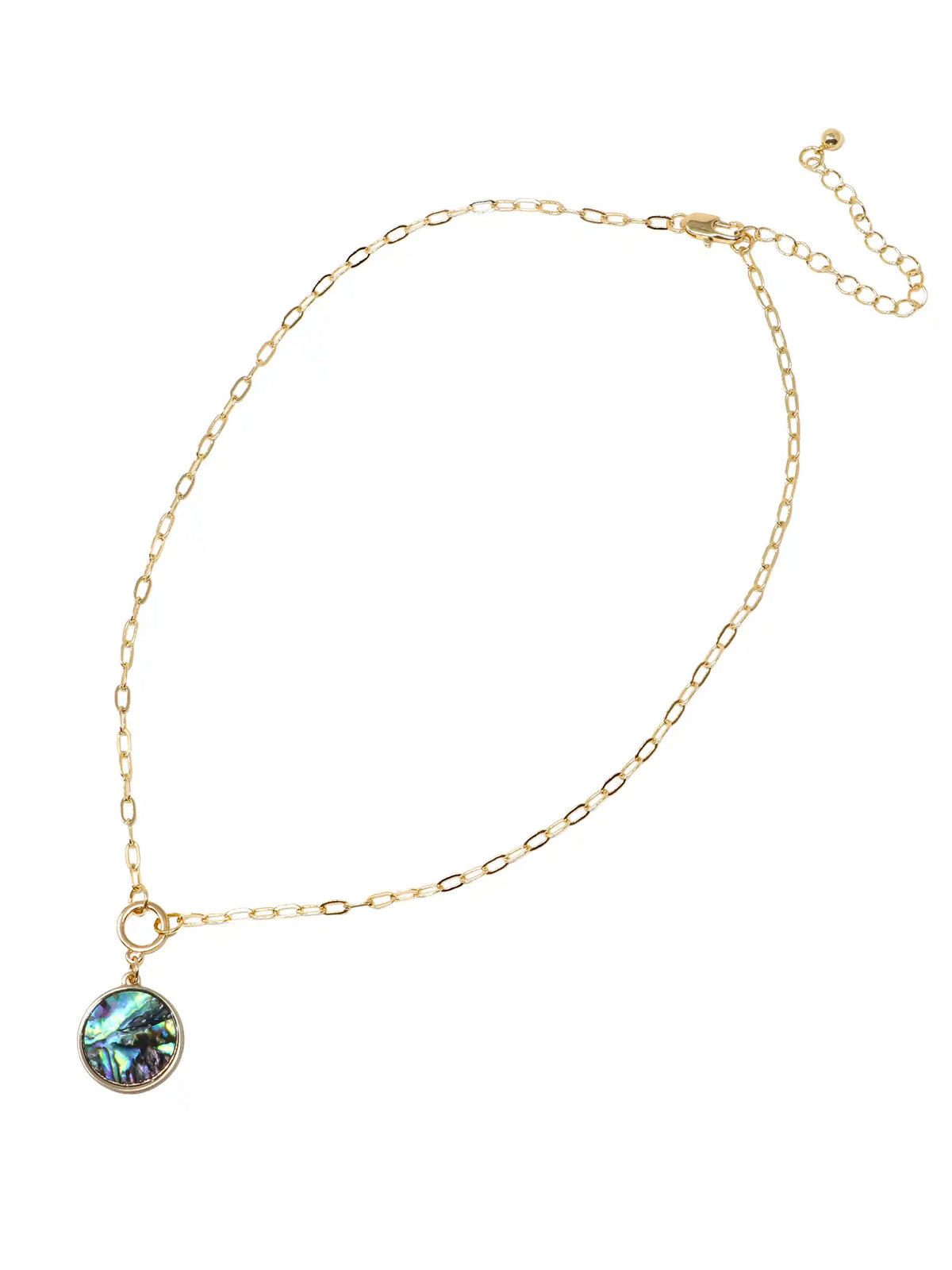 A close-up product image of the Modern Abalone Short Necklace, displaying a round, iridescent abalone shell pendant hanging from a gold-plated paperclip chain against a clean, light background.
