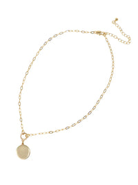 A close-up product image of the Modern Abalone Short Necklace, displaying a round, iridescent abalone shell pendant hanging from a gold-plated paperclip chain against a clean, light background.