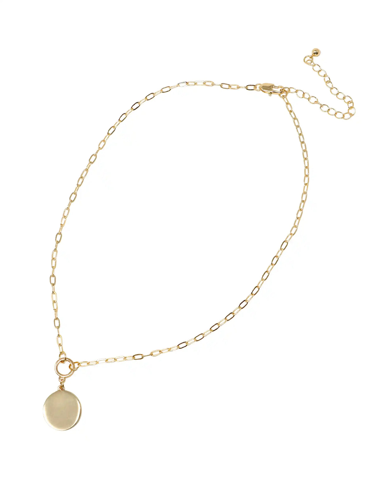 A close-up product image of the Modern Abalone Short Necklace, displaying a round, iridescent abalone shell pendant hanging from a gold-plated paperclip chain against a clean, light background.