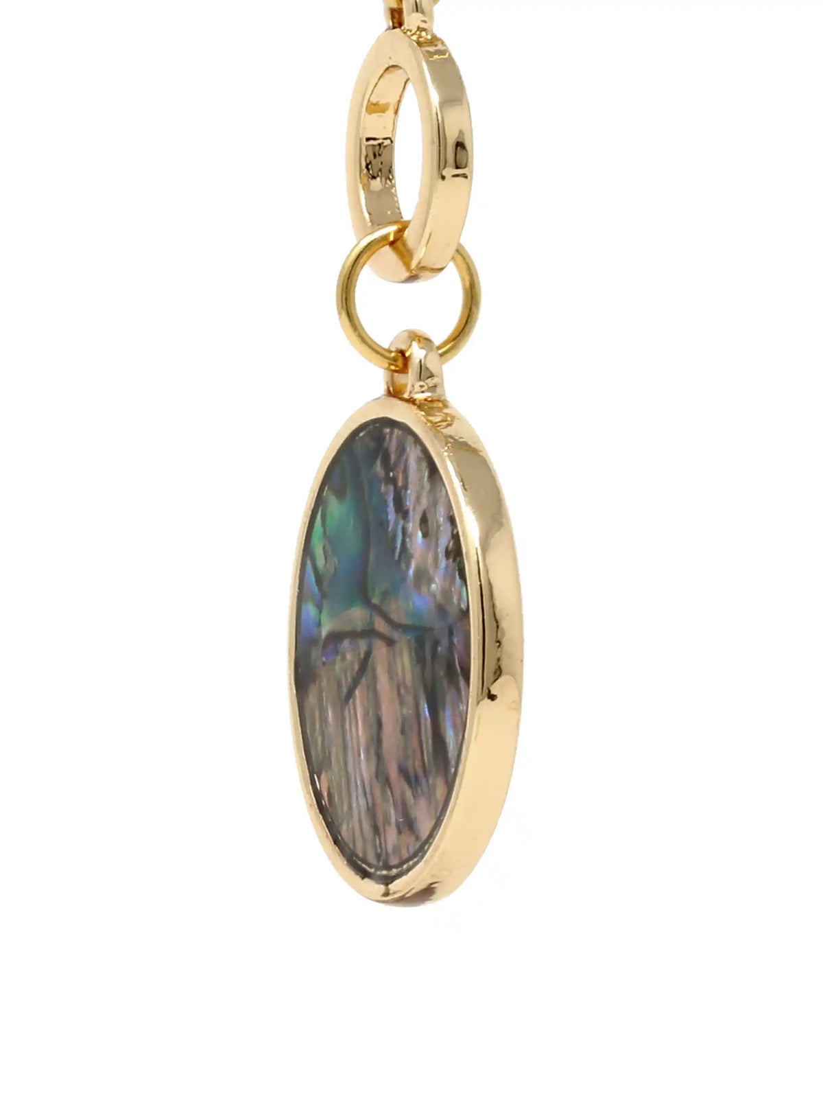A close-up product image of the Modern Abalone Short Necklace, displaying a round, iridescent abalone shell pendant hanging from a gold-plated paperclip chain against a clean, light background.