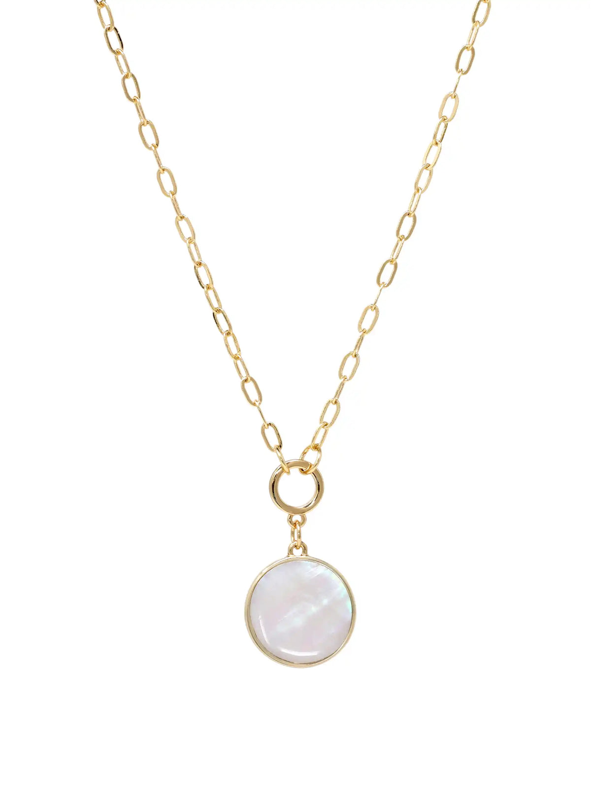 A close-up product image of the modern shell short necklace, displaying a round, iridescent mother of pearl shell pendant hanging from a gold-plated paperclip chain.