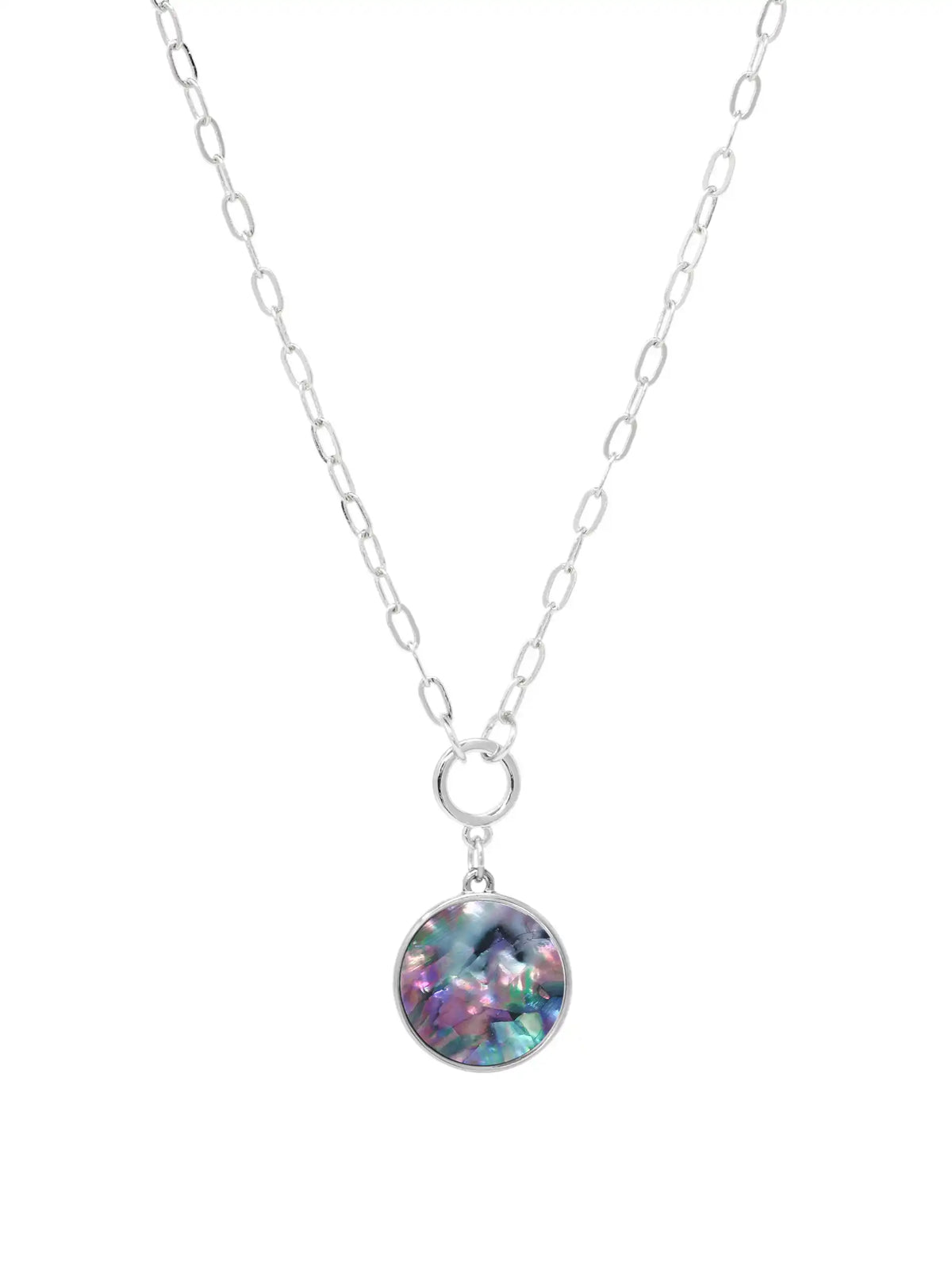 A close-up product image of the Modern Abalone Short Necklace, displaying a round, iridescent abalone shell pendant hanging from a silver-plated paperclip chain against a clean, light background.