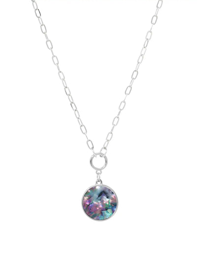 A close-up product image of the Modern Abalone Short Necklace, displaying a round, iridescent abalone shell pendant hanging from a silver-plated paperclip chain against a clean, light background.