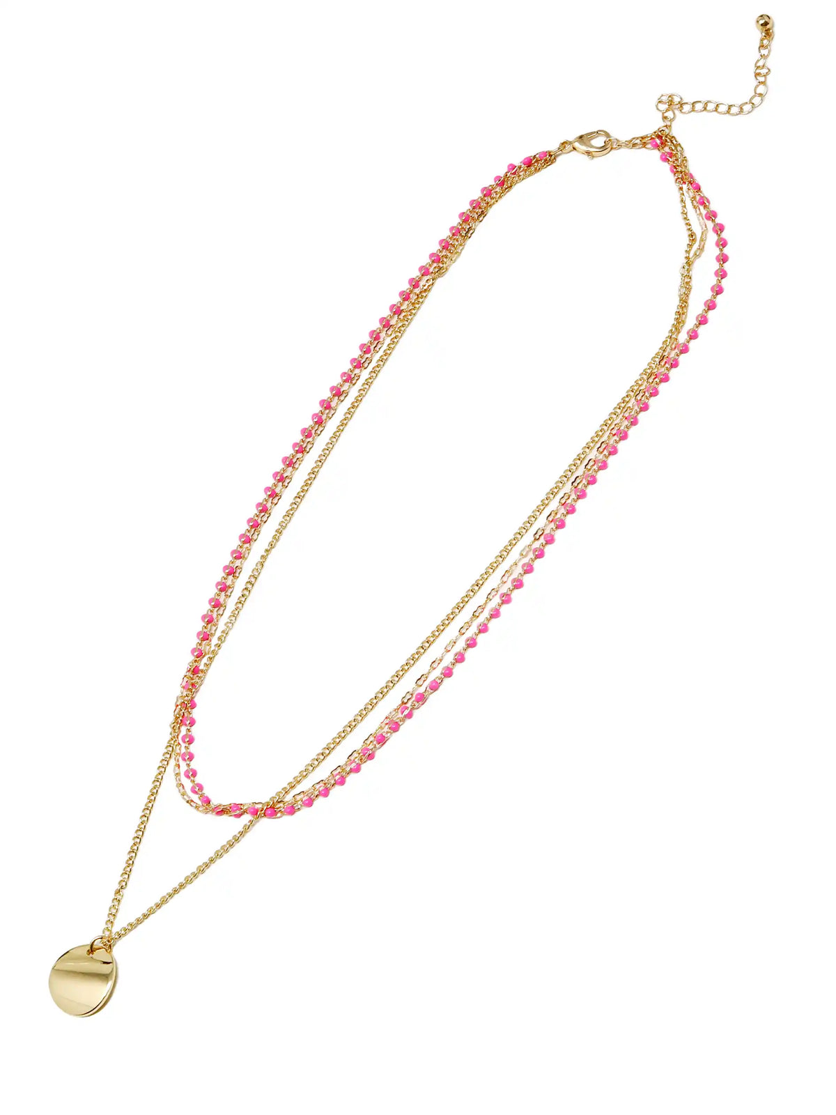 A gold-tone layered necklace featuring two strands of small pink faceted beads and a flat round gold disc pendant, displayed on a clean white background.