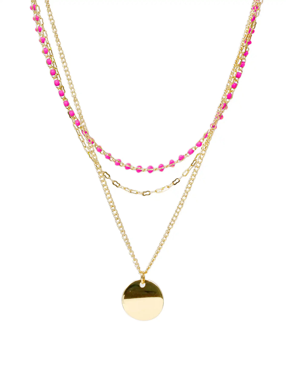 A gold layered necklace set featuring a long chain with small pink faceted beads, a shorter gold chain link necklace, and a flat round gold disc pendant, shown on a plain white background.