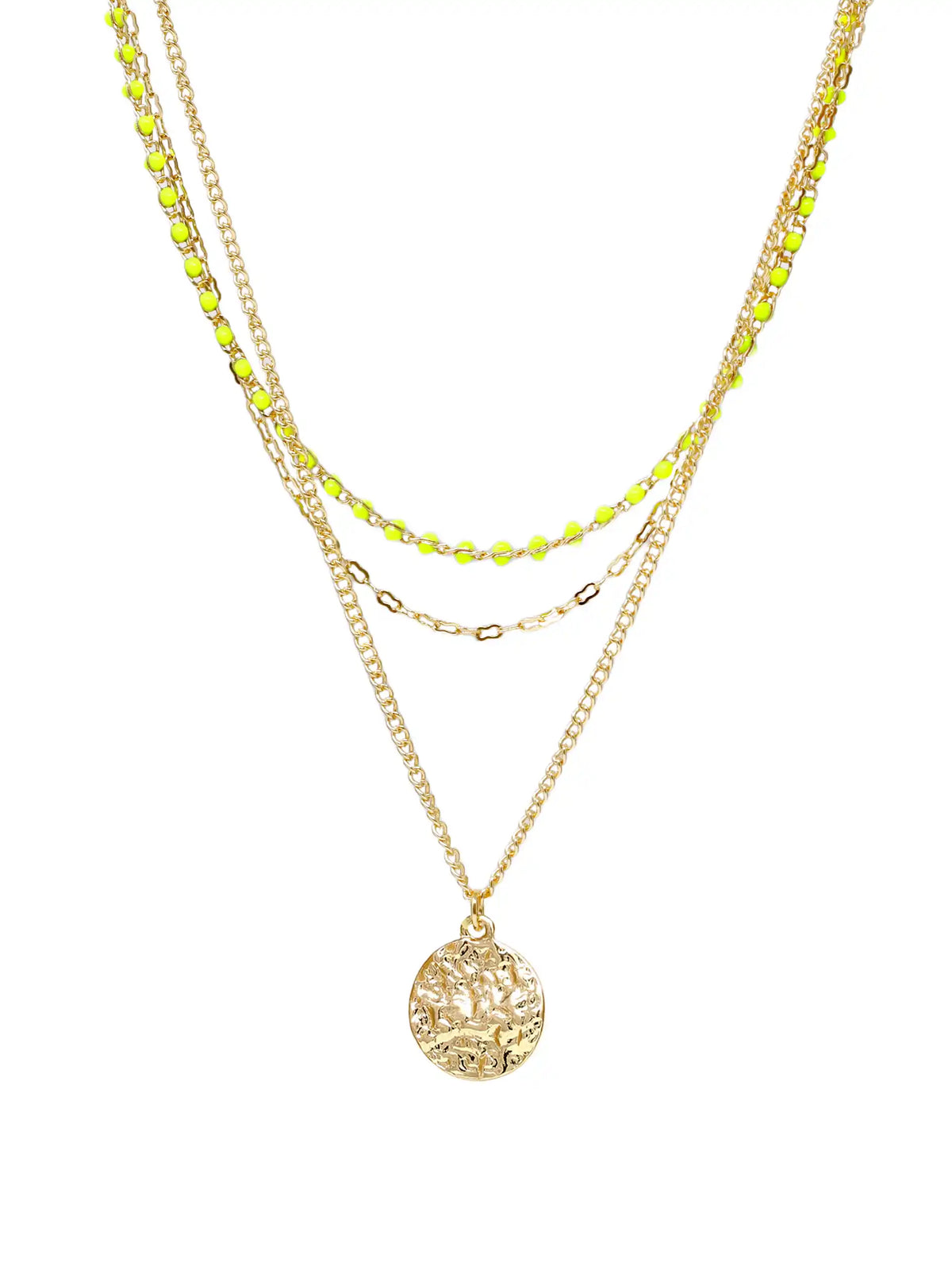 A layered gold necklace set featuring a main chain with a textured circular pendant, a middle chain with small gold beads, and a thin chain with bright neon yellow-green beads, all displayed on a clean white background.