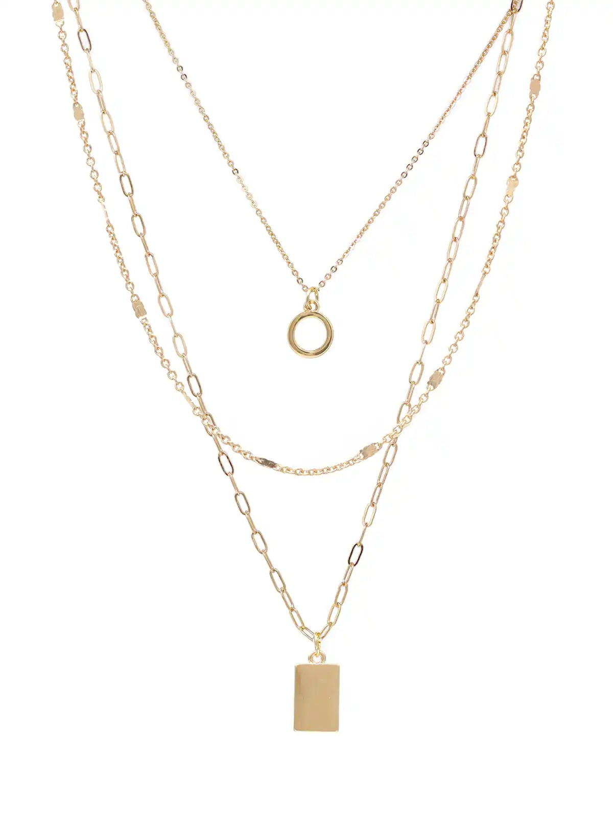 A gold layered necklace set featuring three distinct chain styles: a delicate cable chain with a small ring pendant, a medium cable chain with a rectangular block pendant, and a fine paperclip chain. The necklaces are displayed on a clean white background.