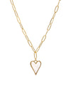A heart-shaped charm gold necklace featuring Mother of Pearl shell encrustation, suspended on a paperclip chain.