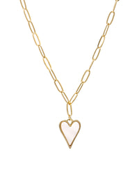 A heart-shaped charm gold necklace featuring Mother of Pearl shell encrustation, suspended on a paperclip chain.