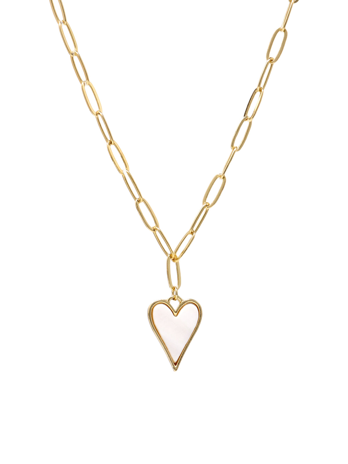 A heart-shaped charm gold necklace featuring Mother of Pearl shell encrustation, suspended on a paperclip chain.