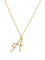 Script initial letter A charm necklace dangled in a gold-filled paperclip chain.