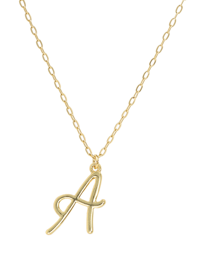 Script initial letter A charm necklace dangled in a gold-filled paperclip chain.