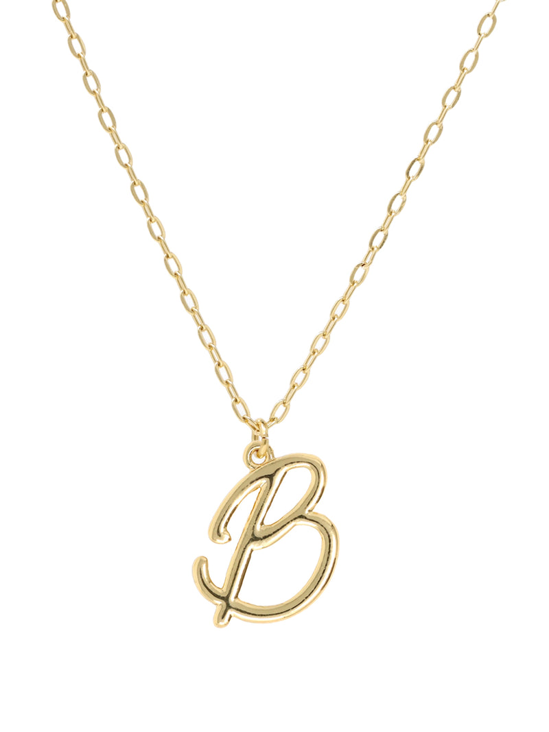 Script initial letter B charm necklace dangled in a gold-filled paperclip chain.