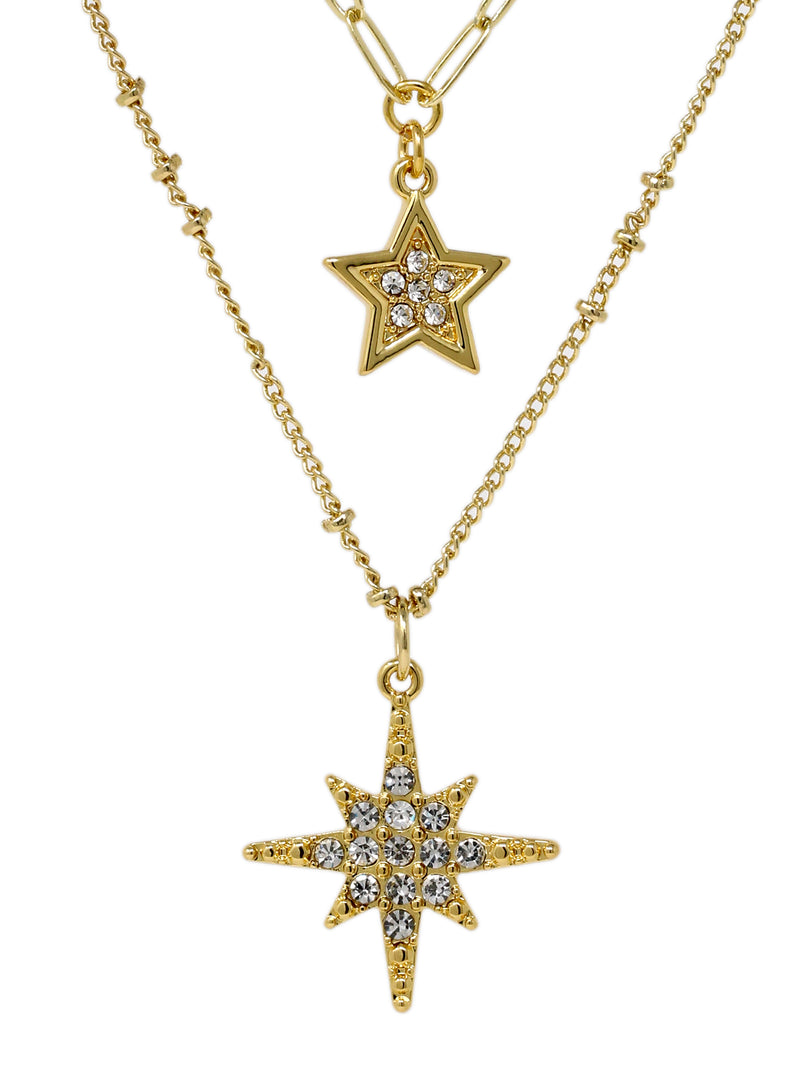 Double Layered Necklace with Star & Sunburst Charms