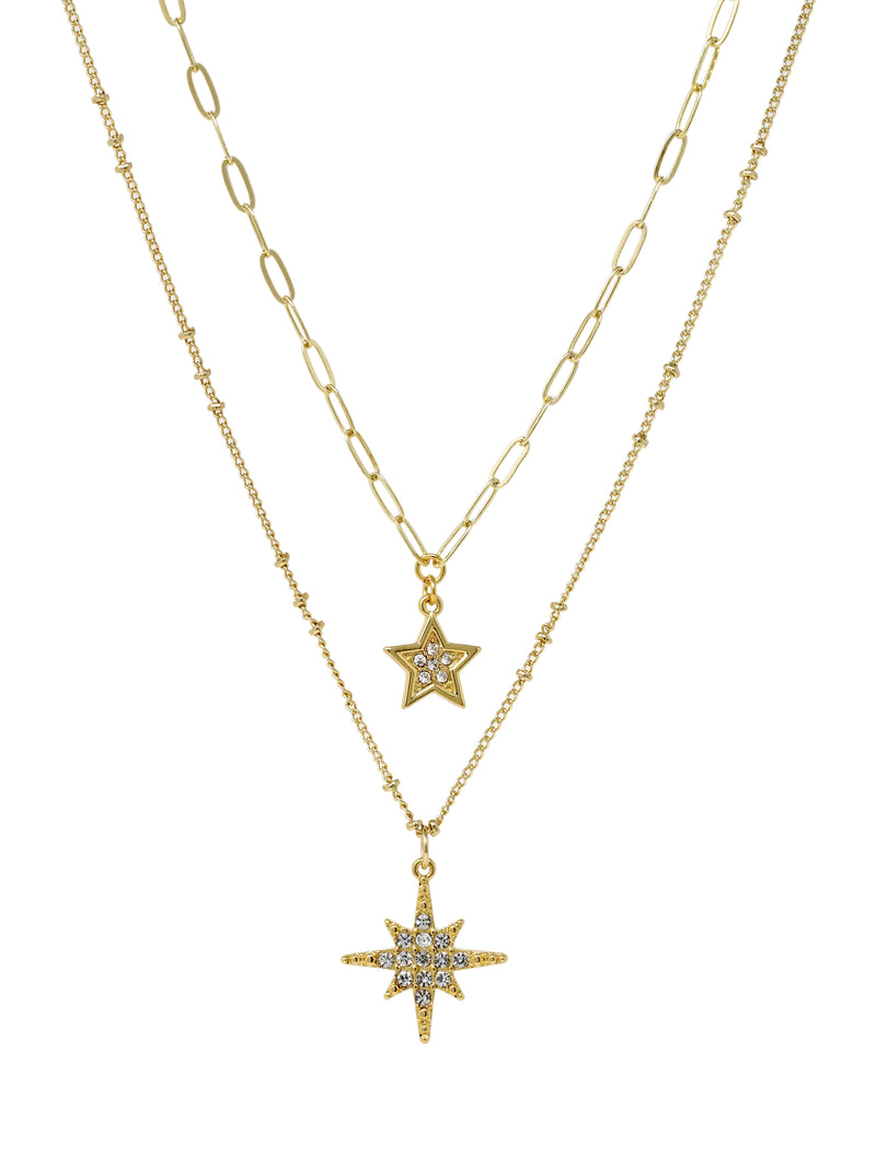 Double Layered Necklace with Star & Sunburst Charms