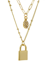 Double Layered Necklace with Pave Disc and lock Charms