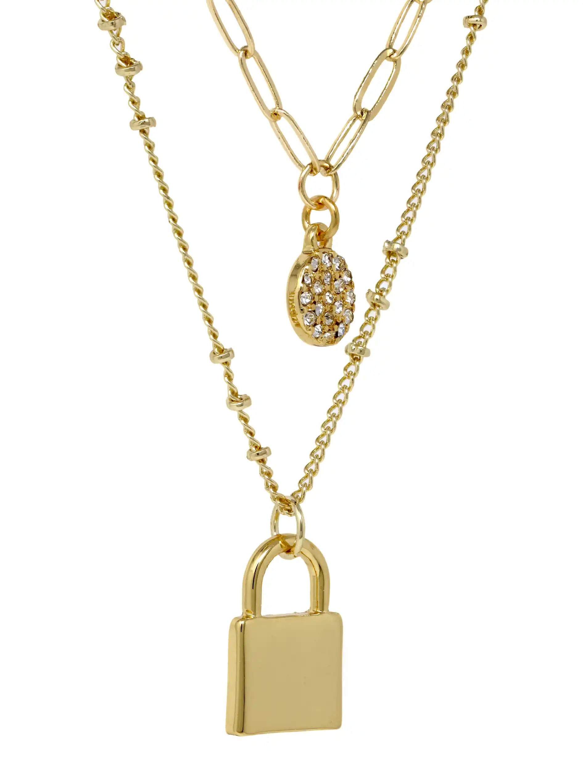Double Layered Necklace with Pave Disc and lock Charms