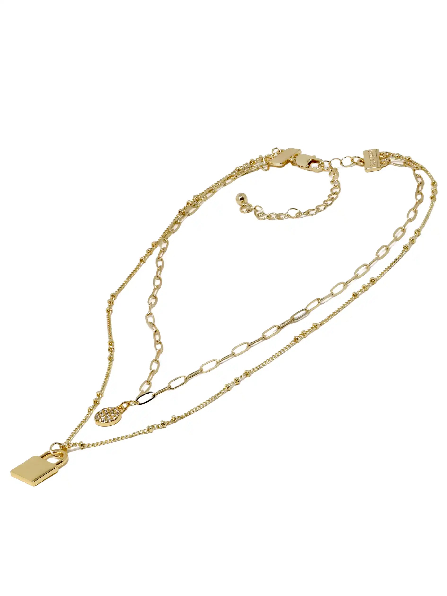 Double Layered Necklace with Pave Disc and lock Charms