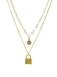 Double Layered Necklace with Pave Disc and lock Charms