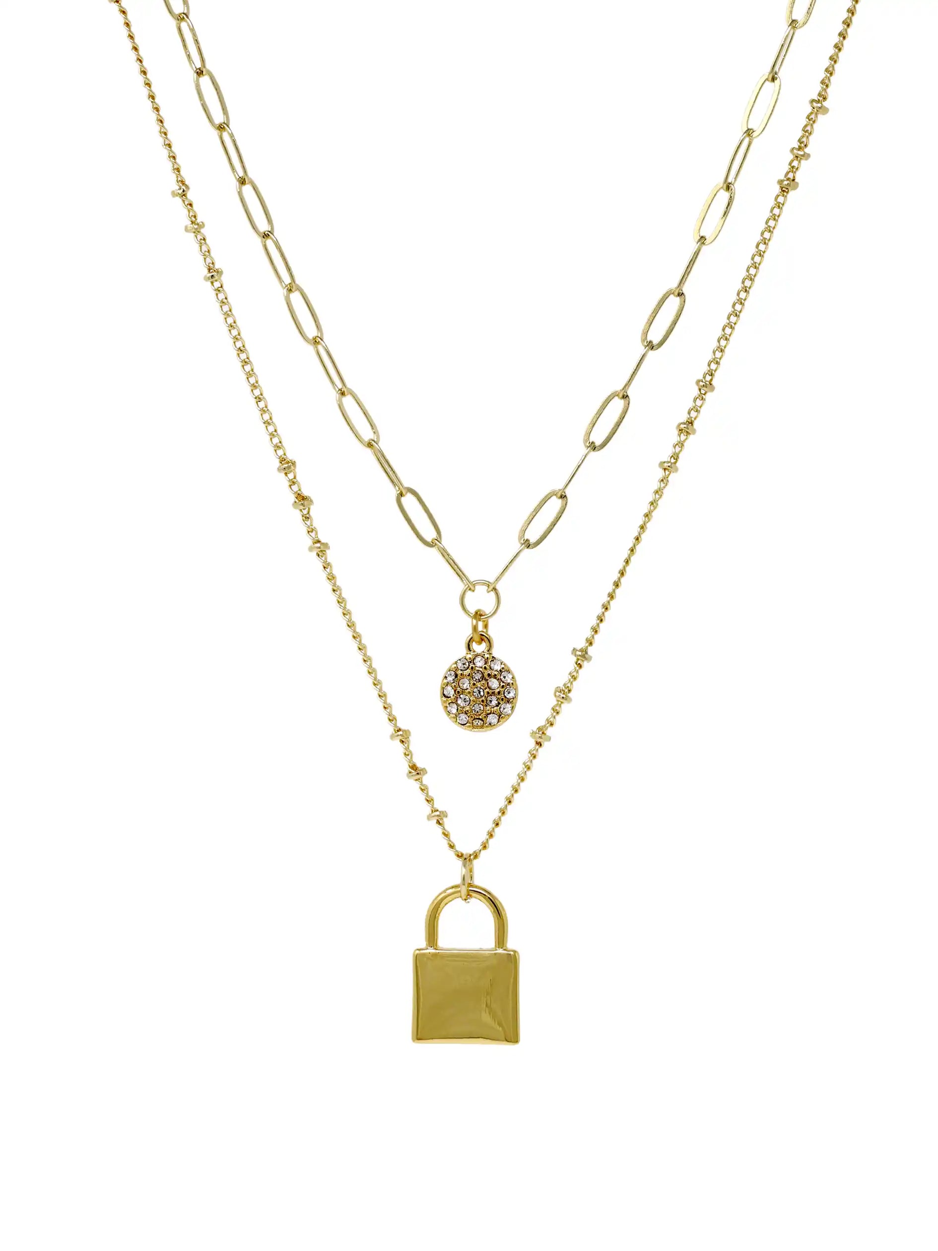 Double Layered Necklace with Pave Disc and lock Charms