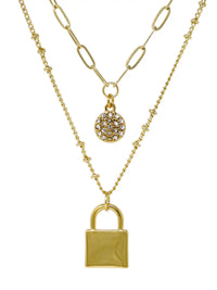 Double Layered Necklace with Pave Disc and lock Charms