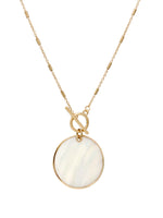 Gold chain necklace with a round Mother of Pearl shell pendant and toggle clasp closure.