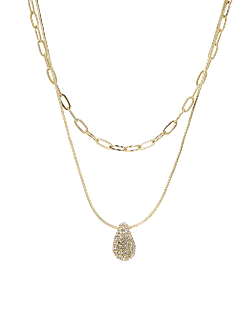 Gold double-layered necklace with a puffy crystal-paved teardrop charm, featuring a snake chain and a paperclip chain design.

