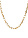 A bold gold link chain necklace with geometric links and polished bead connectors.