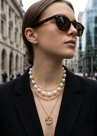 Woman wearing sunglasses and layered necklaces in an urban setting