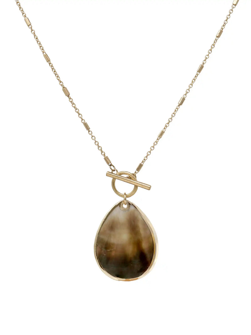 Gold necklace with a teardrop-shaped pendant on a white background