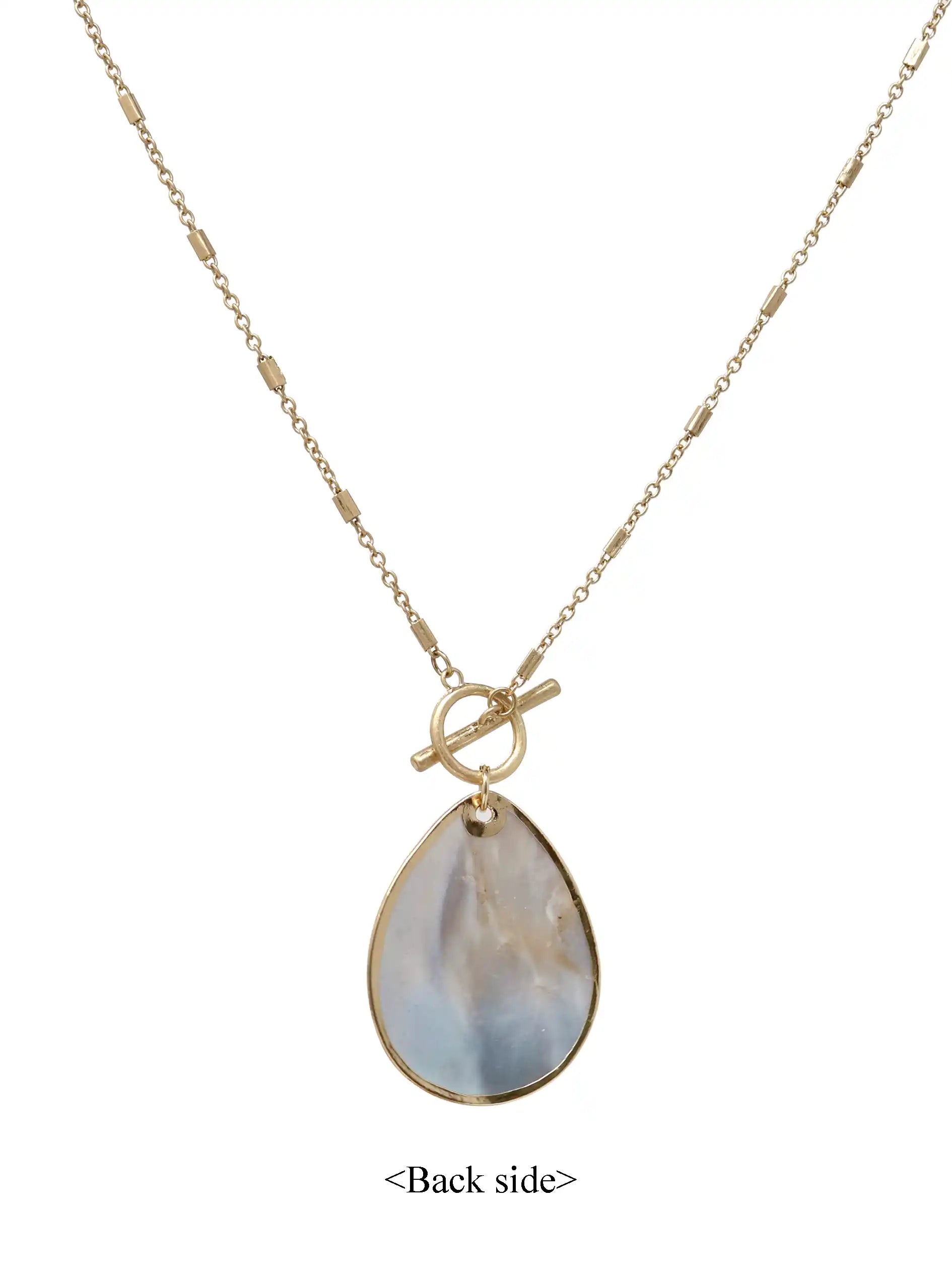 Gold necklace with a teardrop-shaped pendant on a white background