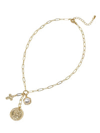 Gold chain necklace with charms on a white background