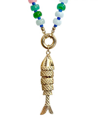 Colorful Glass Beaded Necklace with Gold Articulated Fish Charm