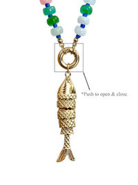 Colorful Glass Beaded Necklace with Gold Articulated Fish Charm
