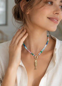 Colorful Glass Beaded Necklace with Gold Articulated Fish Charm