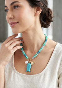 Coastal Beaded Necklace with Turquoise Fish Charm Necklace