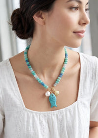 Coastal Beaded Necklace with Turquoise Fish Charm Necklace