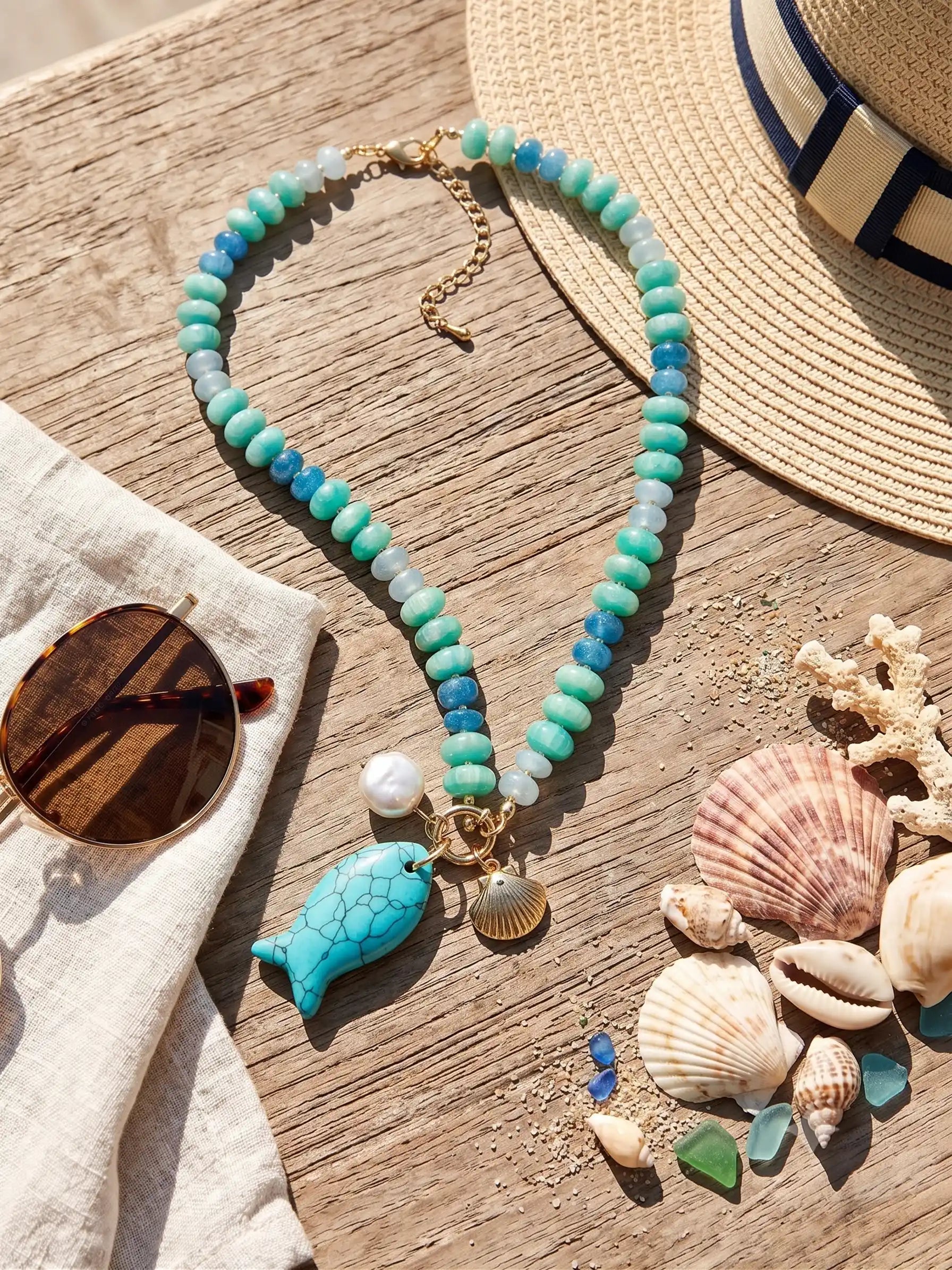 Turquoise and blue beaded statement necklace featuring glossy rondelle beads in aqua, teal, and deep blue tones. The necklace is accented with a large turquoise fish charm, a freshwater pearl, and a gold-tone scallop shell charm