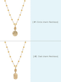 Textured Gold Metal and Pearl Bead Pendant Necklace