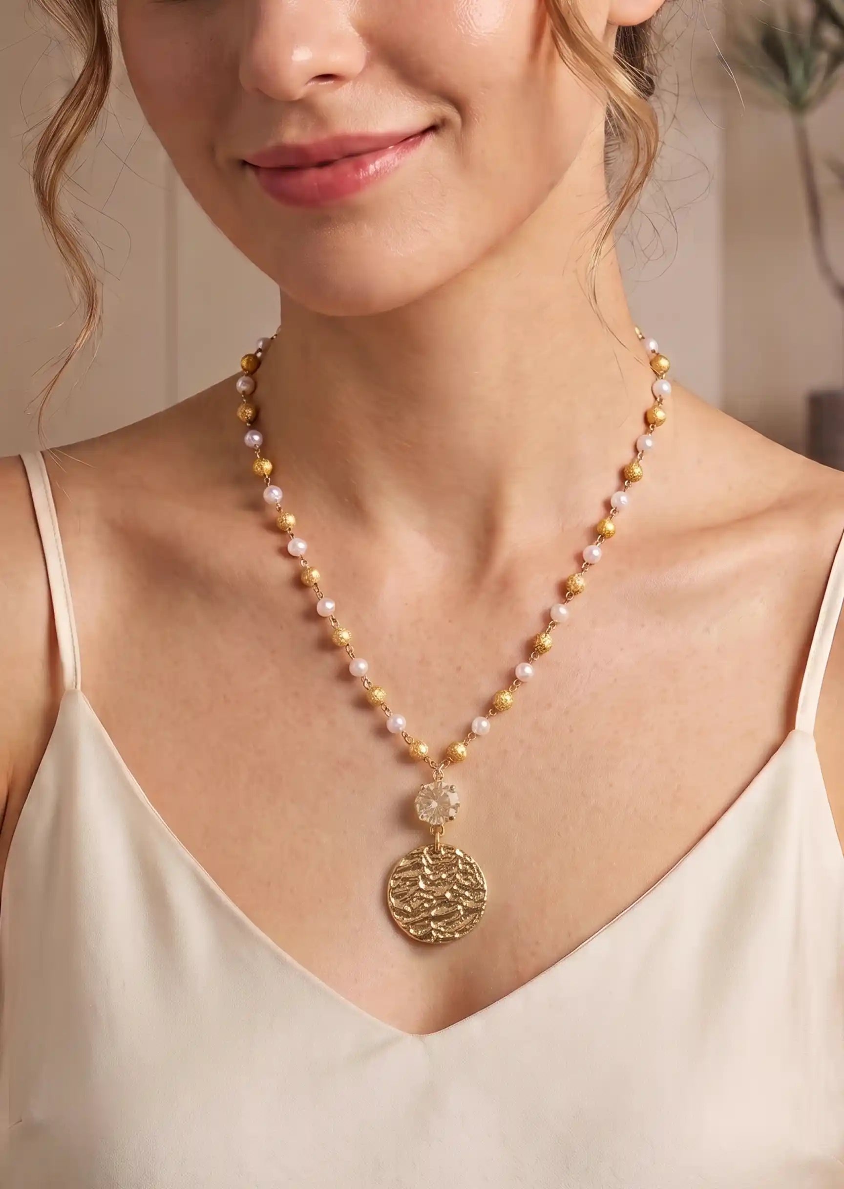 A close-up of a woman wearing a beaded necklace with gold and white pearls and a textured gold pendant, paired with a cream-colored camisole top.
