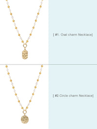 Two gold-tone beaded necklaces shown side by side on a split white and pale blue background, with text labels reading '#1 Oval charm Necklace' and '#2 Circle charm Necklace'.