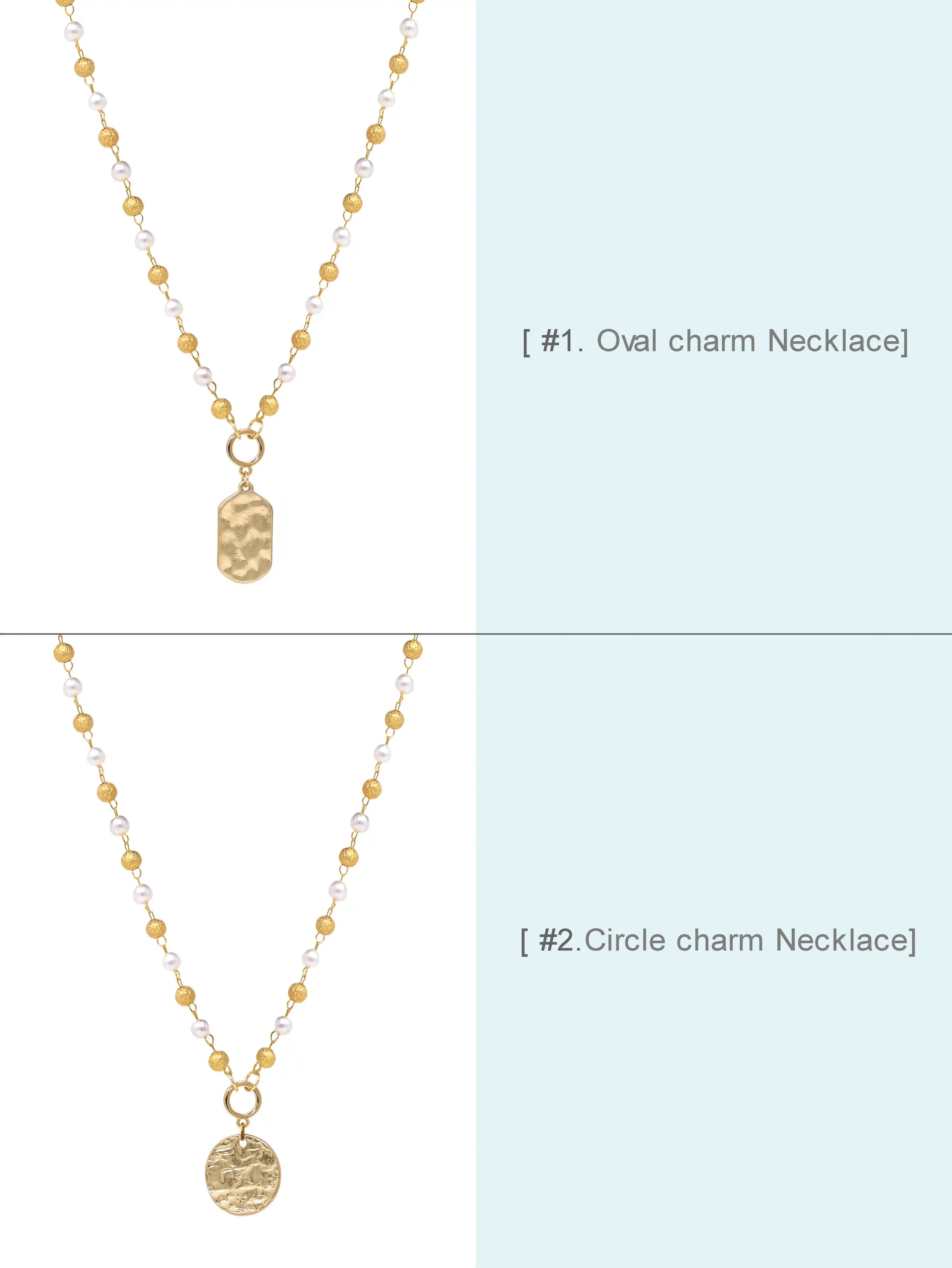 Two gold-tone beaded necklaces shown side by side on a split white and pale blue background, with text labels reading '#1 Oval charm Necklace' and '#2 Circle charm Necklace'.