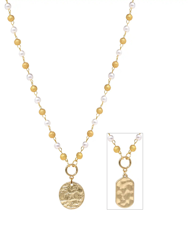 A gold and white bead necklace with a round textured gold medallion pendant, shown alongside an inset detail of a rectangular hammered gold pendant on a white background.