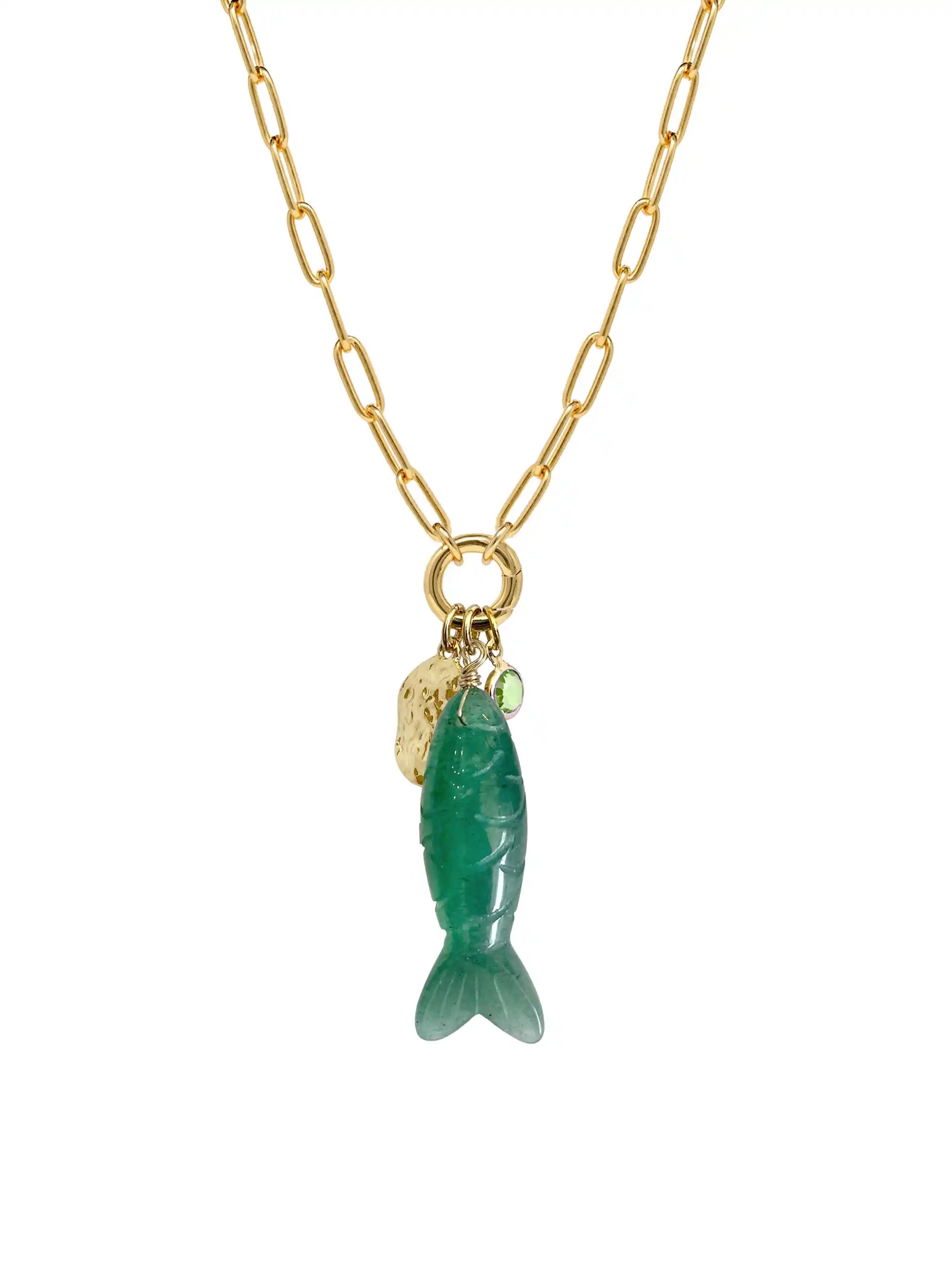 Carved Natural Stone Fish Charm Carabiner Necklace